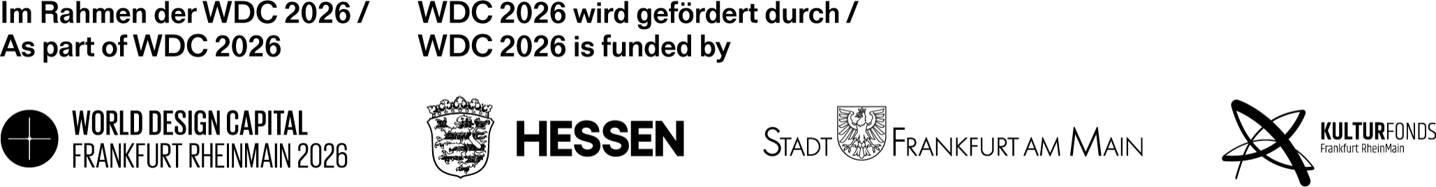 Logos der Projektförderer: WDC 2026, das Land Hessen, die Stadt Frankfurt am Main und den Kulturfonds Frankfurt RheinMain.